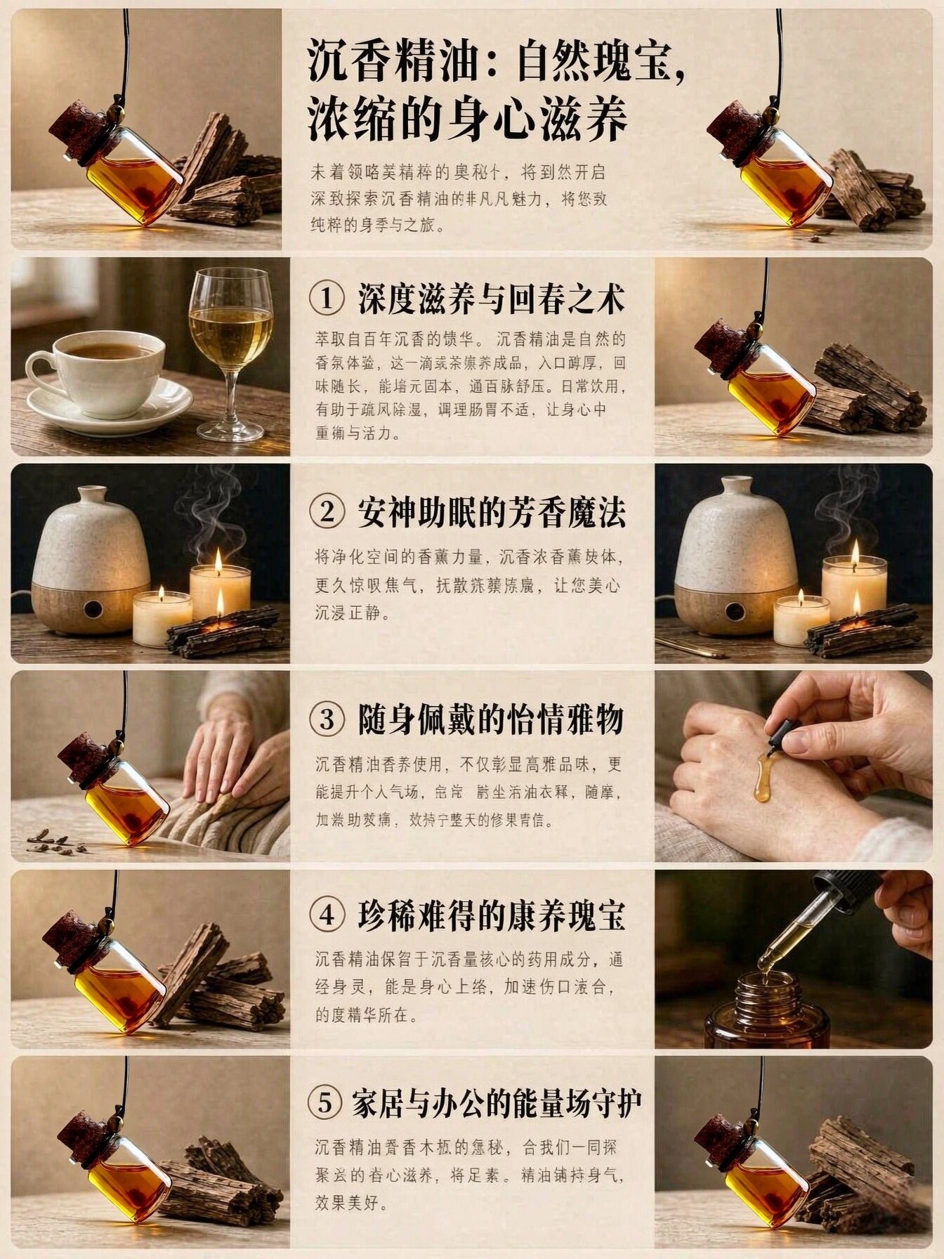 沉香精油，气味芬香，聚神安眠，涂抹皮肤可以抗皱